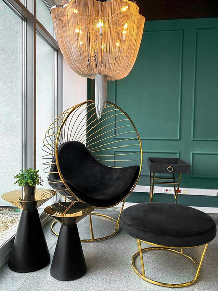 Fotel GABBIA STAND z podnóżkiem złoty - welur, stal