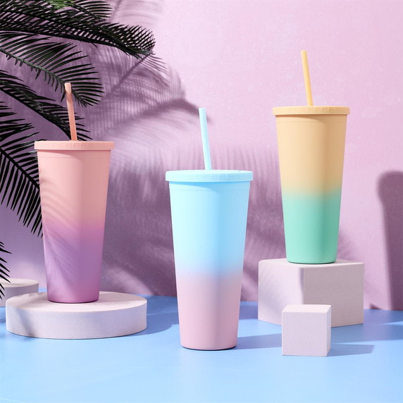 Kubek ze słomką Tie-Dye PP                niebiesko-różowy