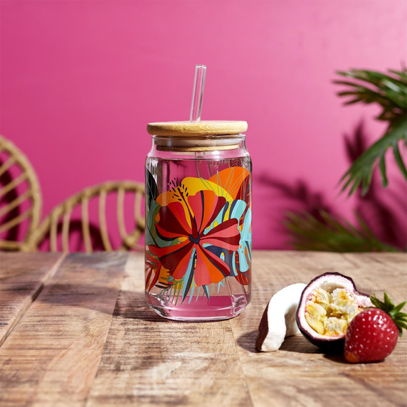 Szklanka Exotic Paradise 450ml ze słomką  i bambusową pokrywką