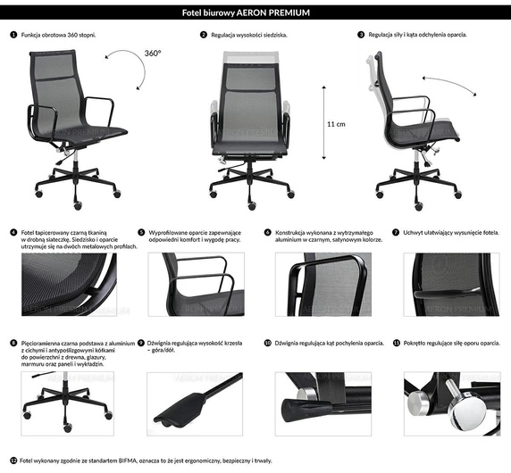 Fotel biurowy AERON PREMIUM czarny - siatka, aluminium