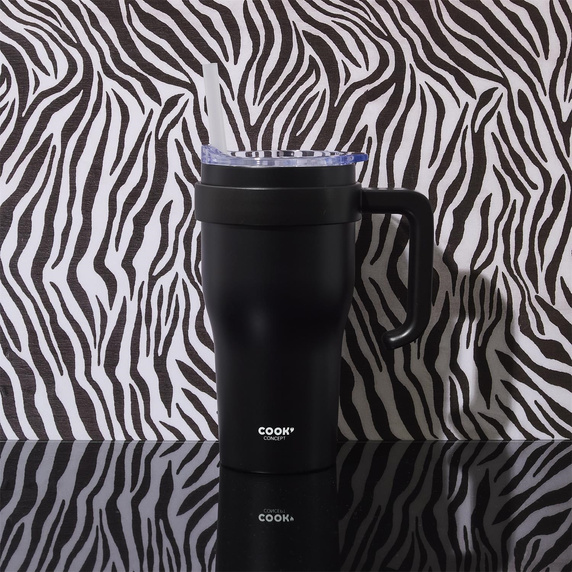 Kubek termiczny z uchwytem i słomką       Miami 600ml czarny