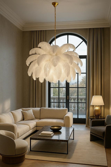 MOOSEE lampa wisząca TIFFANY 135 biała mosiądz / naturalne pióra