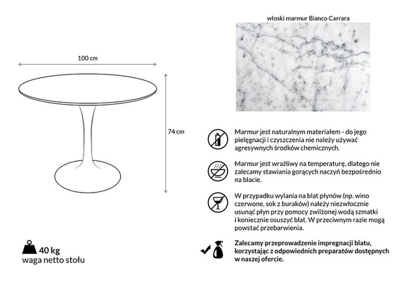 Stół TULIP MARBLE 100 CARRARA biały - blat okrągły marmurowy, metal