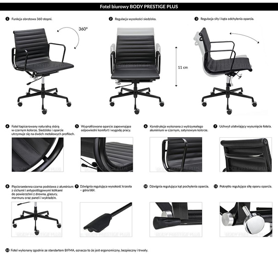 Fotel biurowy BODY PRESTIGE PLUS czarny  - skóra naturalna, aluminium