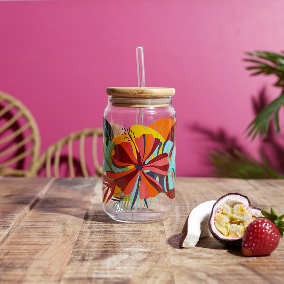 Szklanka Exotic Paradise 450ml ze słomką  i bambusową pokrywką