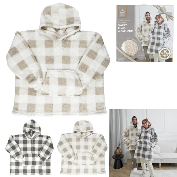 Bluza ocieplana długa/ snuddie w kratę    beżowa/biała